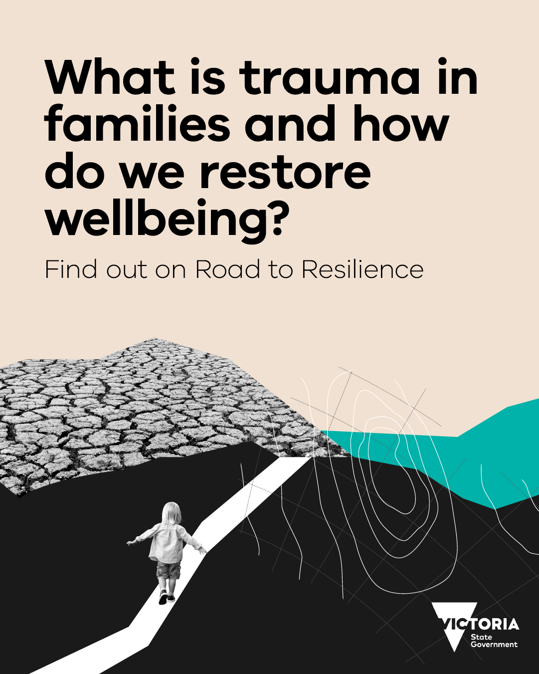 Child with arms stretched out for balance walking along a path against an abstract background of cracked earth and topographic map lines.