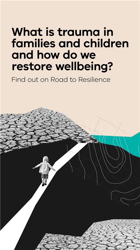 Child walking on a path with arms stretched out for balance against an abstract background of cracked dry earth and topographical map lines.