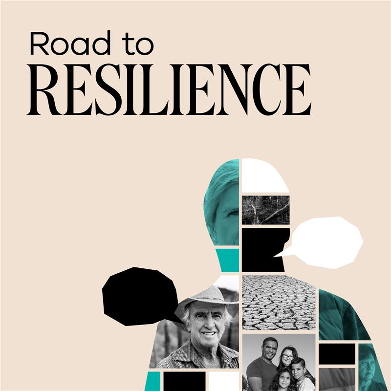 Person shaped mosaic and talking bubbles. The mosaic tiles are of people of different ages and cultures, landscapes and white, black and green shapes