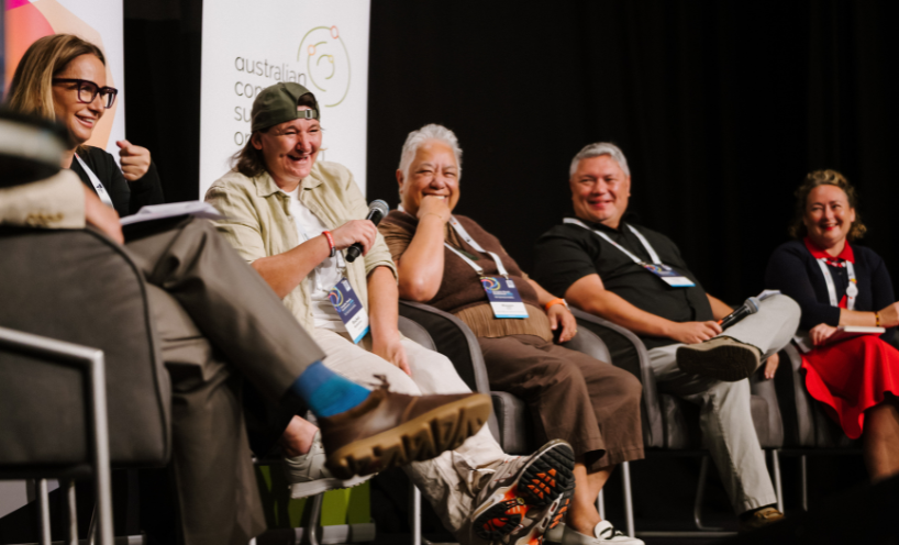 Left to right: Sue-Anne Hunter (Yoorrook Justice Commissioner), Rocket Bretherton (Campaigner and Advocate), Maggie Toko (Mental Health and Wellbeing Commission), Associate Professor Armon Tamatea (University of Waikato) and Jacqueline Gibson (Mental Health and Wellbeing Commission)